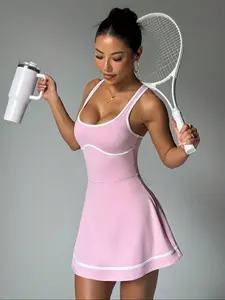 Women's Sporty Dress Cute Sexy Back Cross Tennis Yoga Running Skirt Elastic Comfort Outdoor Exercise Set Fashion Striped Color Block Tennis Athletic Dress Workout Dress Active Dress Tennis Sports Dress