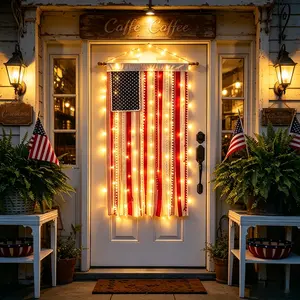 Lighted American Rag Flag Banner 50x27 Inch LED Fairy Lights Rustic Patriotic Tassel Garland for USA 250th Anniversary Independence Day Decor