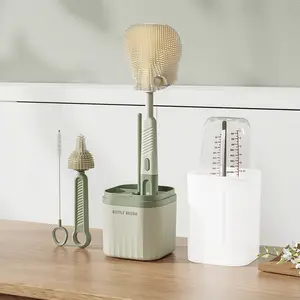 Travel Baby Bottle Brush Set with Build-in Drying Rack - Baby Essential Portable Silicone Bottle Cleaner Brush Kit for Bottle, Nipple, Straw Cleaning, for Home, Travel Use - Green