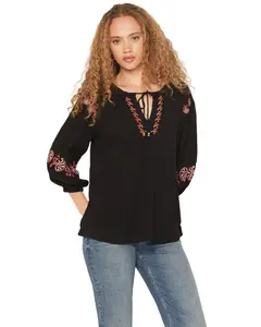 Shyanne Women's Gulch 3/4 Sleeve Embroidered Peasant Top - Swho25w5-Blk