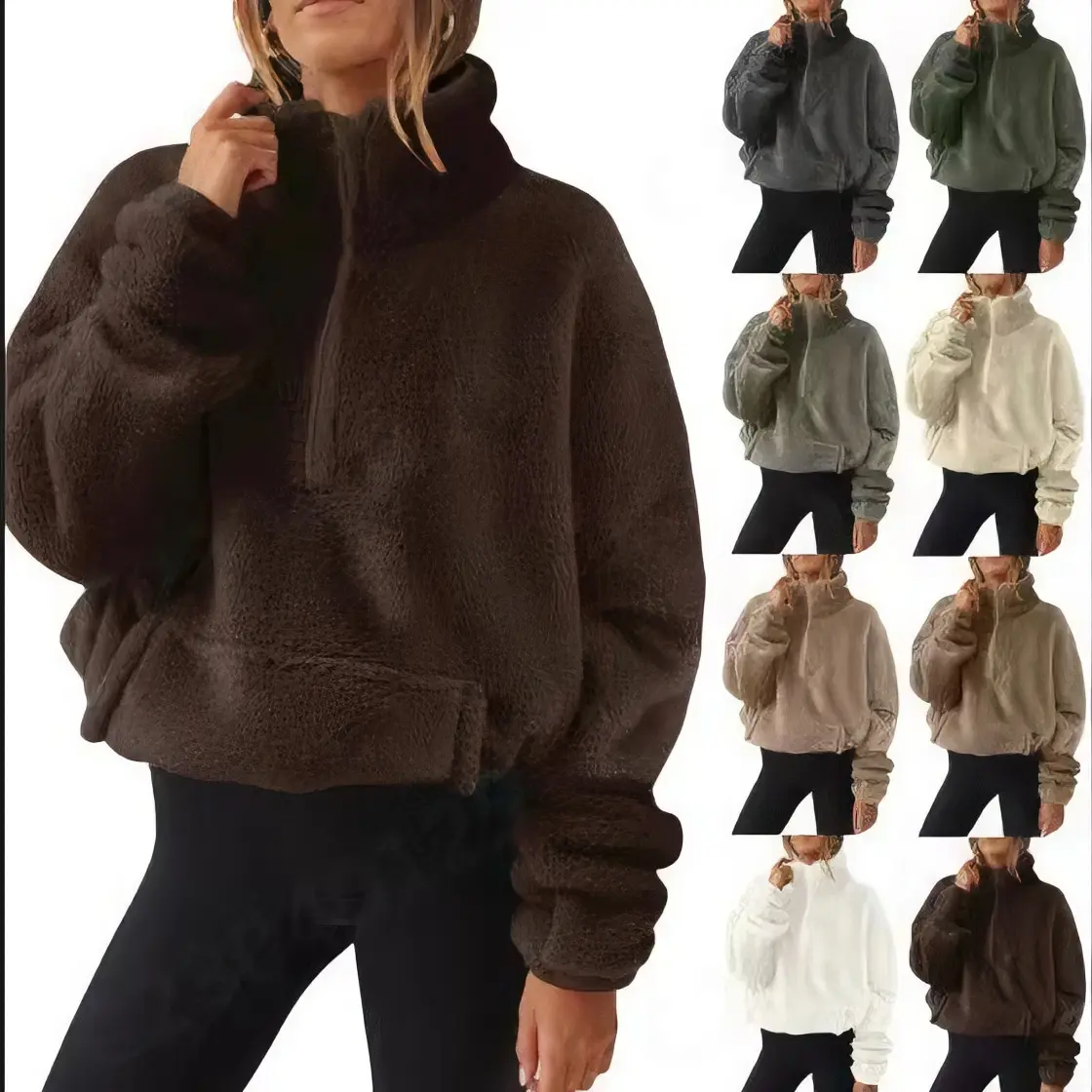 Women's 2026 New Chic Mock Neck Half-Zip Teddy Fleece Cropped Sweatshirt - Loose Long Sleeves, Soft Fuzzy Drawstring Collar, Comfortable Everyday Fit Casual Top for Fall Winter (Multiple Solid Colors, Half Zipper Women's Pullover Sweatshirts), Mock Neck S