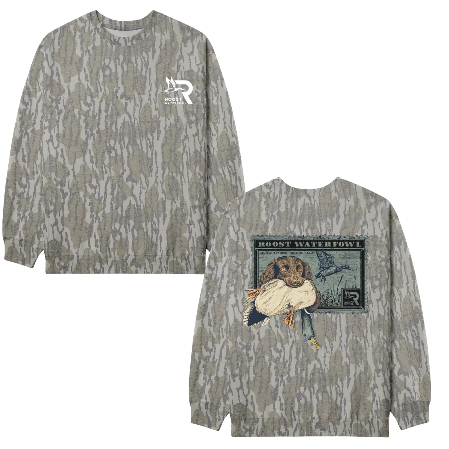 Roost Waterfowl Boykin Mossy Oak Bottomland Camo Crewneck Sweatshirt, Unisex Hunting Pullover, Vintage Woodland Outdoor Sweatshirt S-5XL