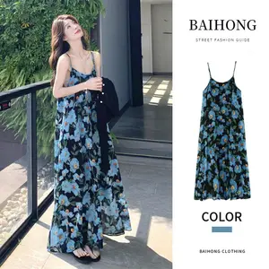 Blue oil painting style high-end suspender dress, summer women's petite floral print dress, travel and photo shoot dress