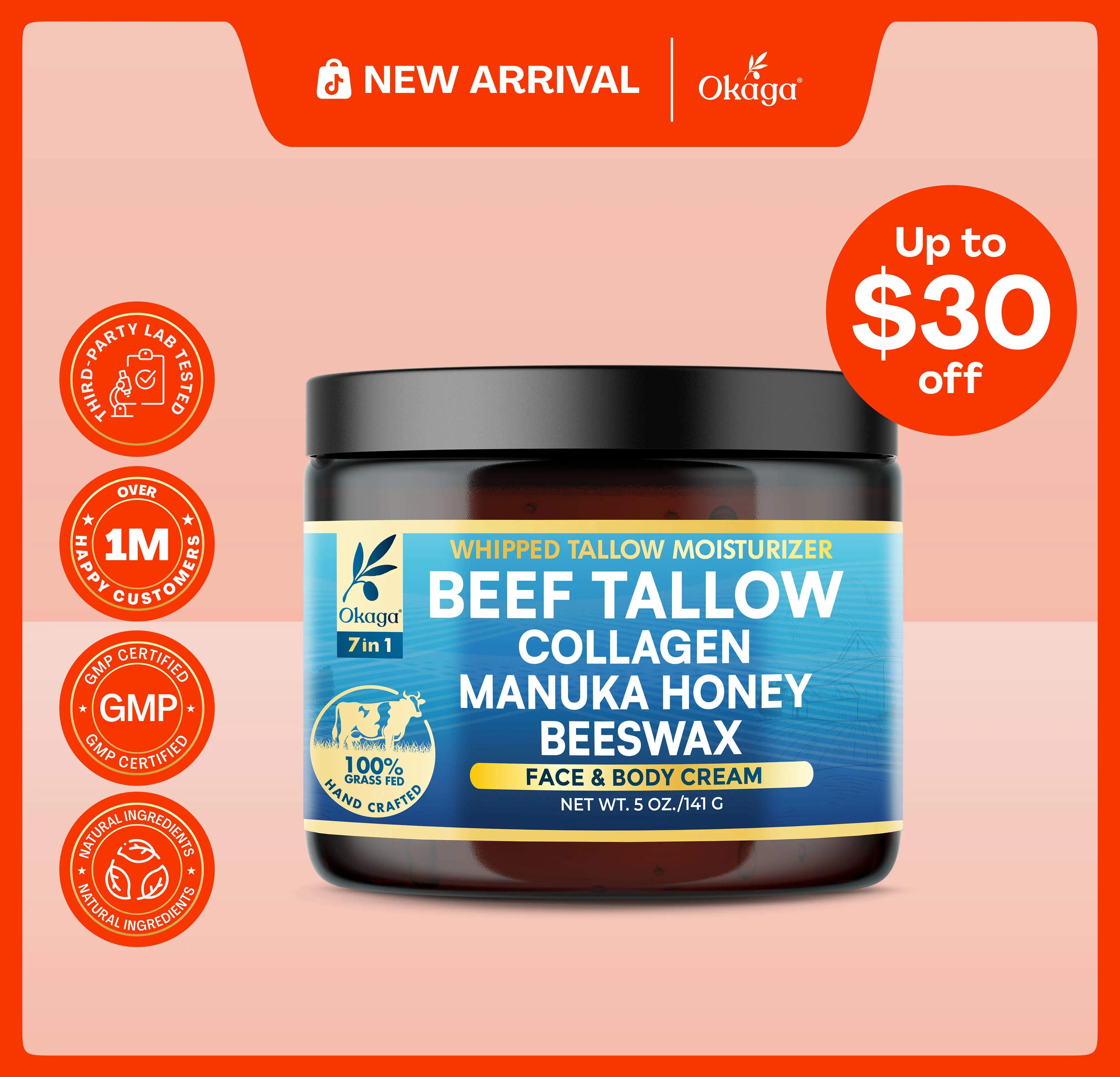 Okaga Beef Tallow (5 oz.) - Face & Body Moisturizer - Skincare Blend with Collagen, Manuka Honey, Beeswax & More - 100% Organic & Grass-Fed