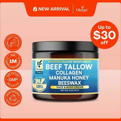 Okaga Beef Tallow (5 oz.) - Face & Body Moisturizer - Skincare Blend with Collagen, Manuka Honey, Beeswax & More - 100% Organic & Grass-Fed