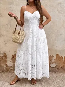 Plus Size Lace Embroidered Halter Dress, Summer Waist Cinch Cake Dress, Casual Wear, Vacation Style Long Dress, Elegant and Comfortable