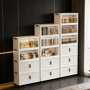 3/4/5/6-Tier Foldable Storage Cabinet with Clear Doors & 360° Wheels, Stackable Plastic Storage Organizer with Double Doors, Large Capacity Collapsible Rolling Cabinet for Living Room, Bedroom, Kitchen & Home Organization, Space-Saving Design