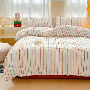 Rainbow Striped Duvet Cover Set Queen 100% Cotton Bedding Blue Red Black Yellow Stripe on White Modern Abstract Geometric Comforter Cover Full 2 Pillowcases for Kids Girls Boys Woman