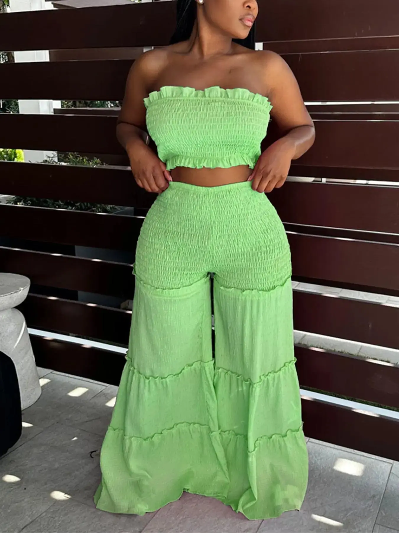 Women's Frill Trim Shirred Crop Tube Top High Waist Flare Leg Pants Set Boho Beach Vacation Summer 2026