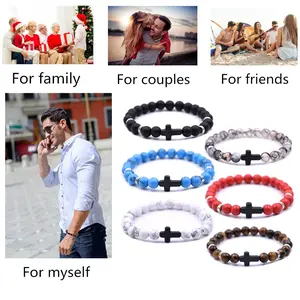 Cross Beads Bracelet for Men Women, 8MM Beaded Bracelets Couples Bracelets,Lava Rock Turquoise Tiger Eye Natural Bracelet Anxiety Stretch Elastic Healing Bracelet