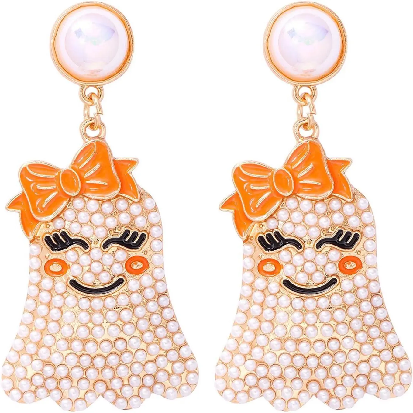 Women's Cute Halloween Ghost Beaded Dangle Earrings, Colorful Rhinestone Pearl Accent Costume Jewelry for Daily Wear, Drop Earrings, Dating