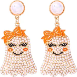 Cute Halloween Ghost Beaded Dangle Earrings Colorful Rhinestone Pearl Beaded Earrings for Women Girls Jewelry