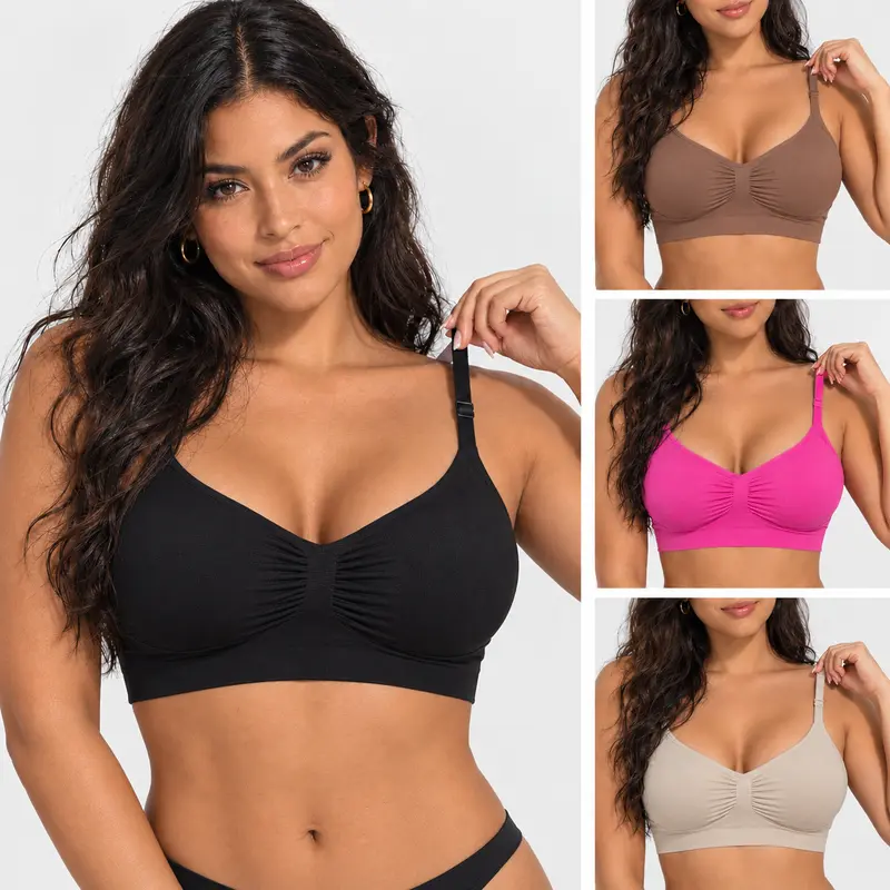 EssElegance Women's 2-4PCS Wire-Free V-Neck Cami Bras for Women - Seamless, Soft Breathable, Padded, Sporty Non-Underwire Everyday Bras, Up to 44DD, Valentine's Day Livestream Item TK02,sohochic