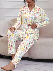 2 Piece Valentine's Day Floral Fruit Print Lounge Set, Comfortable Long Sleeve Cardigan and Loose Pants for Fall & Winter, Casual Women's Sleepwear and Loungewear, Pajama Set