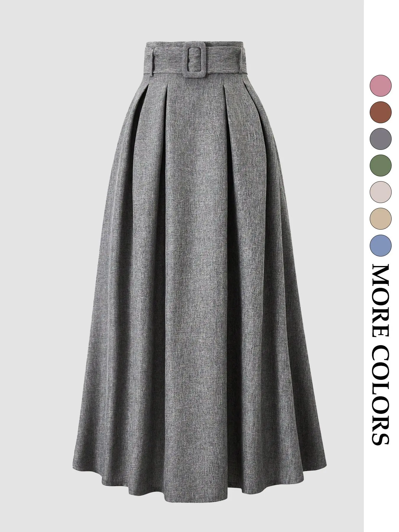 Women's high-waisted gray skirt with belt, an elegant choice for autumn and winter, featuring a waist-cinching design that flatters the figure, suitable for both workwear and daily wear
