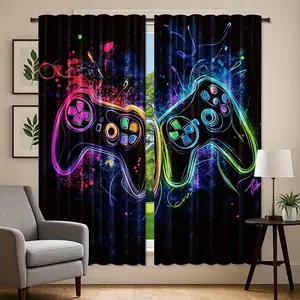 Game Theme Curtain Set, Home Decoration Curtain, Vibrant Headphone Controller Design, Perfect for Game Room Decor, Enhance Your Gaming Experience