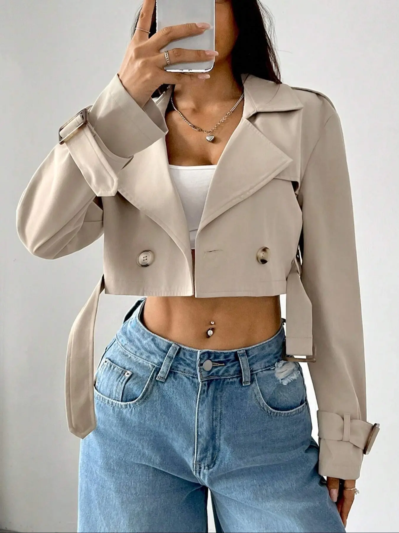 Women's Short Jacket Casual Plaid Collared Lightweight Trendy Blazer Jackets, Long Sleeve Loose-Fit Woven Fabric, Spring & Fall Fashion Outerwear for Women Button Adjustable Belt Womenswear Lady