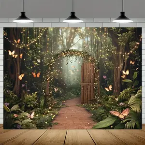 1pc Forest Backdrop Enchanted Garden Scene Butterflies Design Polyester for Spring Summer Magic Birthday General Celebration No Electricity