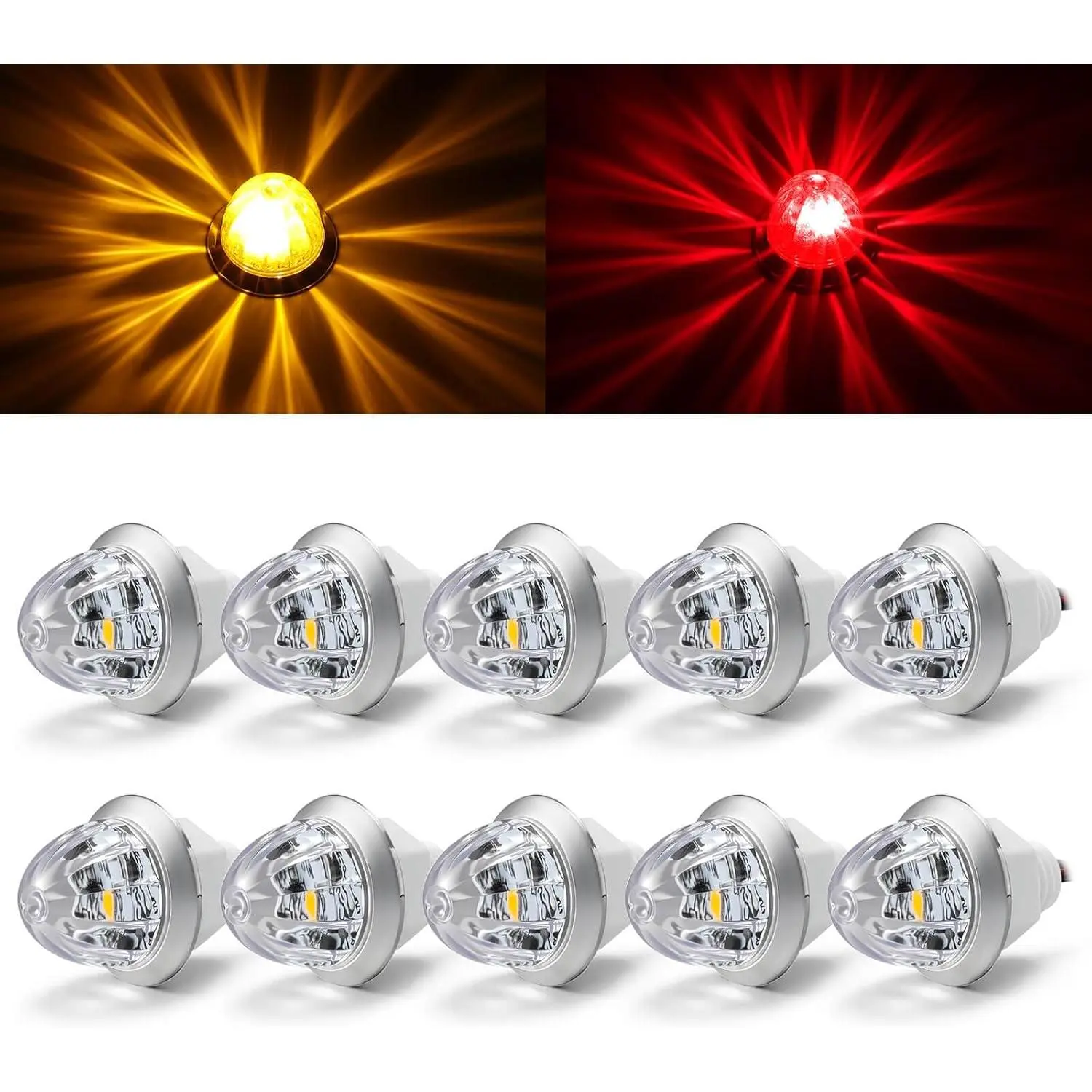 10Pcs 3/4 Inch Amber-Red LED Watermelon Side Marker Lights, Dual-Color Mini Clearance Lights with Starburst AS Lens, IP67 Waterproof 12V Truck Accessories for Truck Trailer Custom Install