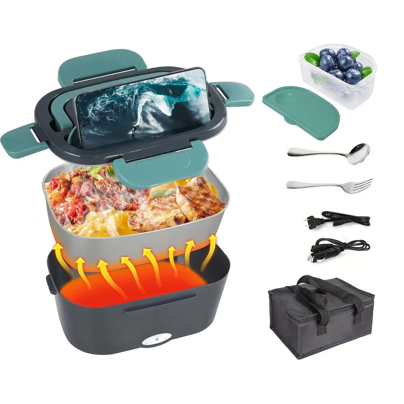 Electric Lunch Box with Cutlery & Storage Bag, 1 Set US Plug Charging 3 in 1 Ultra Quick Heated Lunch Boxes, Leak Proof Portable Food Warmer for Car O