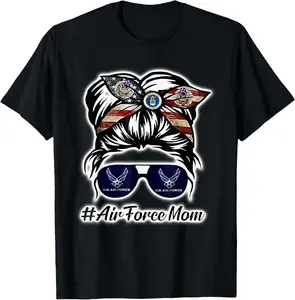 100% Cotton Messy Bun Air Force Mom Military USAF Family Outfits T-Shirt