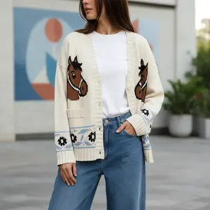 Women V Neck Button-Up Knit Cardigan Fall Winter Casual Floral Horse Print Long Sleeve Soft Knit Sweater Layering Outerwear Daily Office Holiday Chunky Knitwear