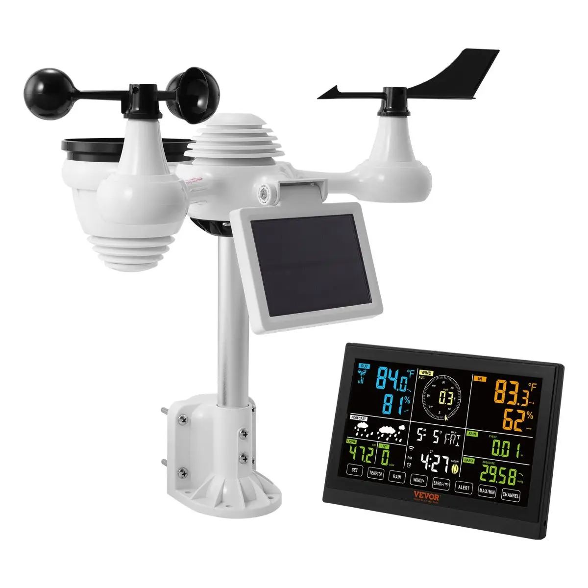 7-in-1 Wi-Fi Weather Station, 7.5 in Color Display, Home Weather Station Indoor Outdoor, with Solar Wireless Outdoor Sensor  Alarm Alerts, for Temperature Humidity Wind Speed/Direction Rain