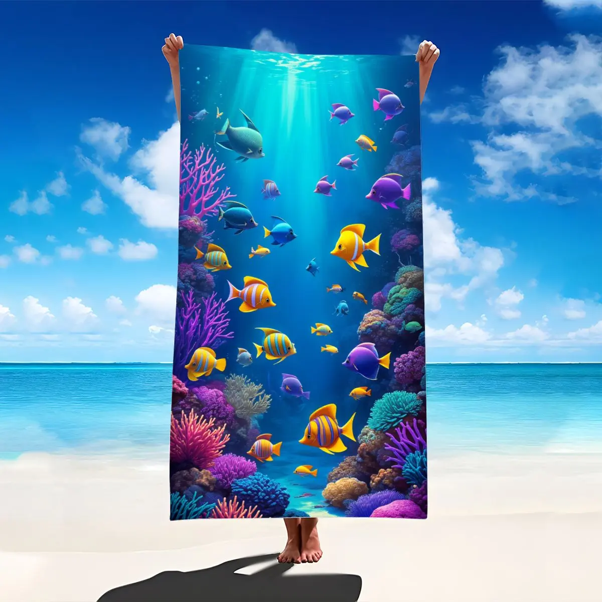 Absorbent Microfiber Beach Towel - 39.3*19.7inch/50x100cm, Light, Underwater Coral Reef Fish Print, Quick-Drying, Soft, Cover-Included, Ideal for Swimming Pool, Travel (Home & Bathroom Supplies)