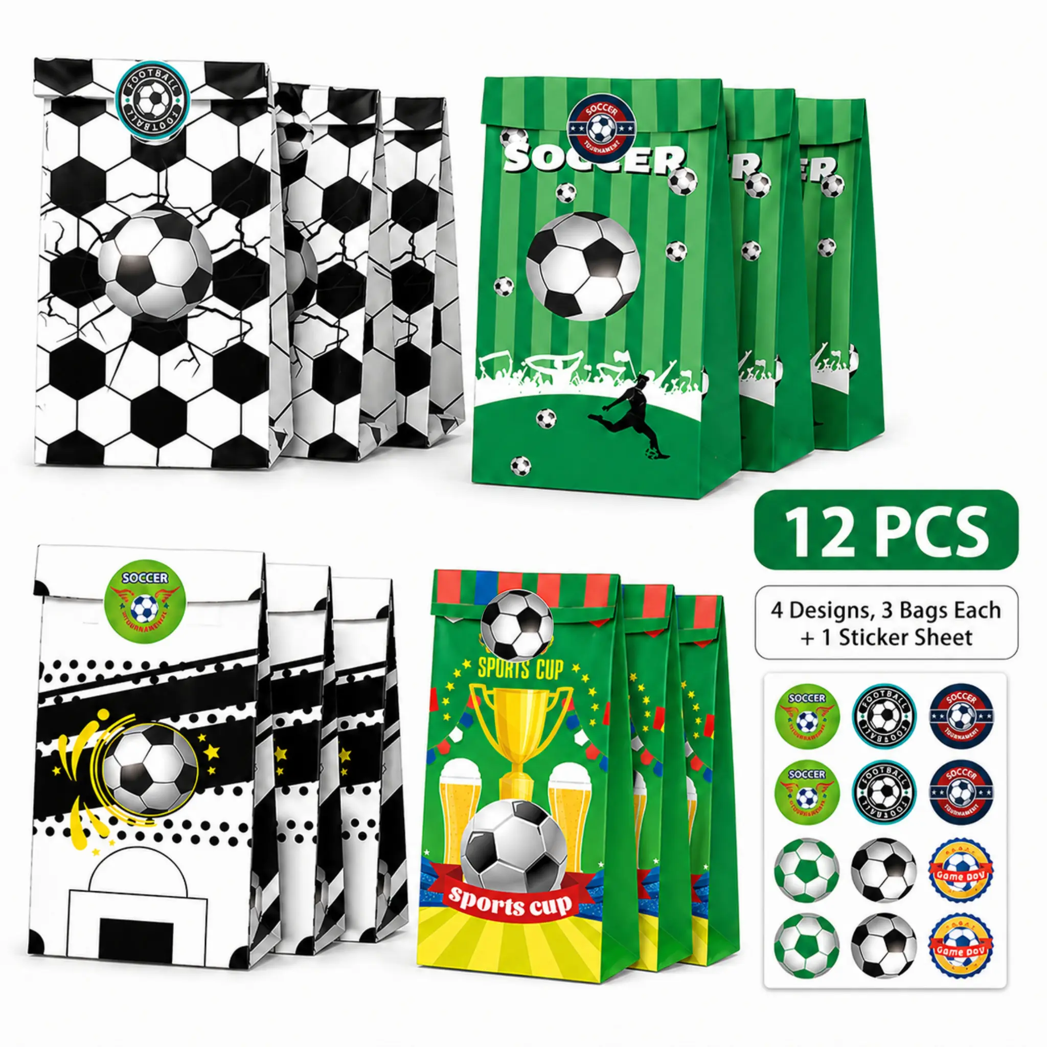 Soccer Party Favor Bags 12 Count, Soccer Goodie Bags with Stickers for Candy, Snacks and Small Gifts, Soccer Birthday Party Supplies, Game Day Decorations, Kids Sports Theme Party Bags