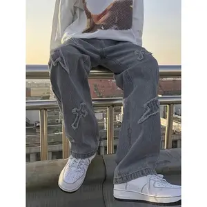 Men's Distressed Lightning Embroidered Grey Denim Jeans Plain Fabric