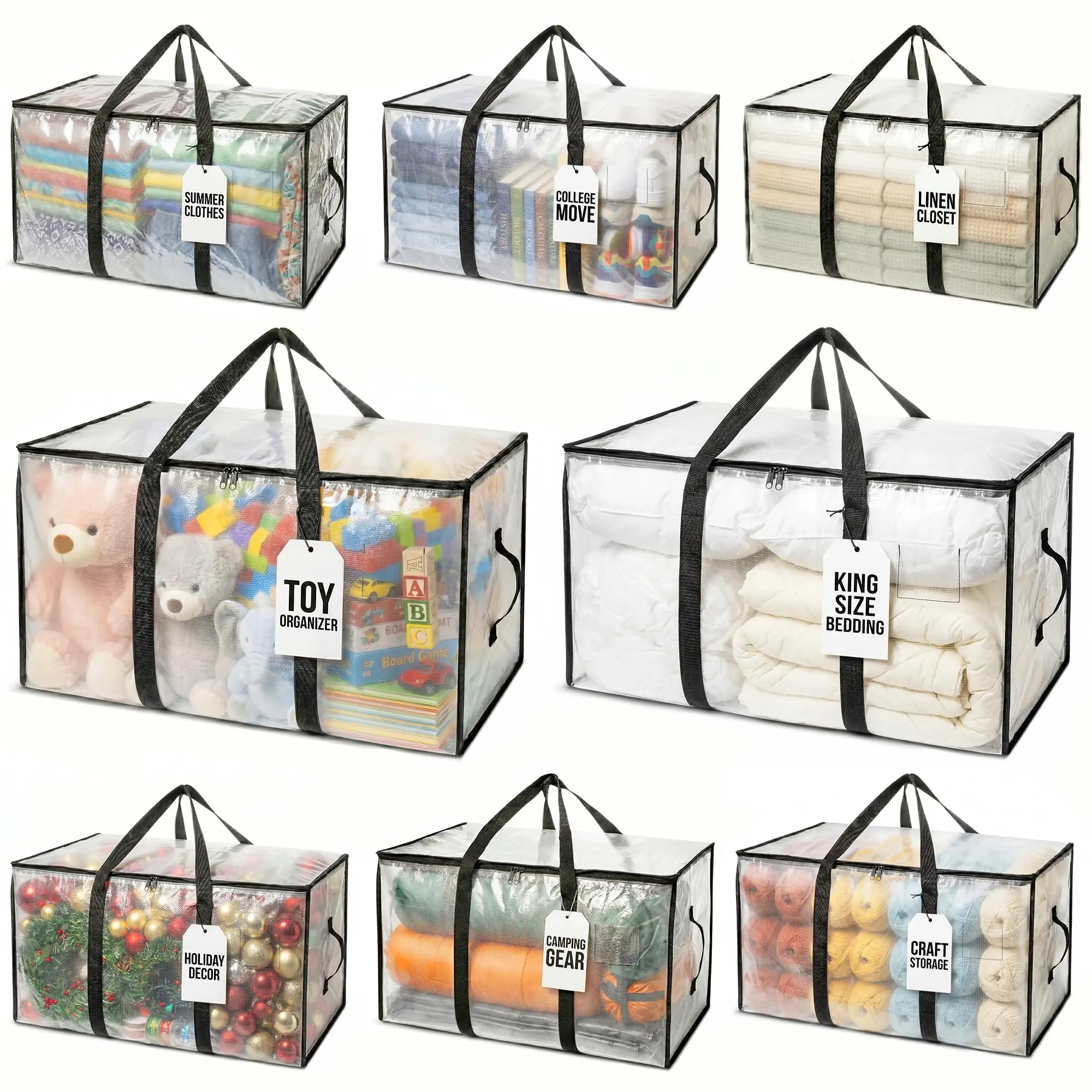 8 Pack Moving & Storage Bags, Clear Lidded Storage Bags, Large Zipper Packing Bags with Backpack Straps, College Dorm Moving Packing Supplies