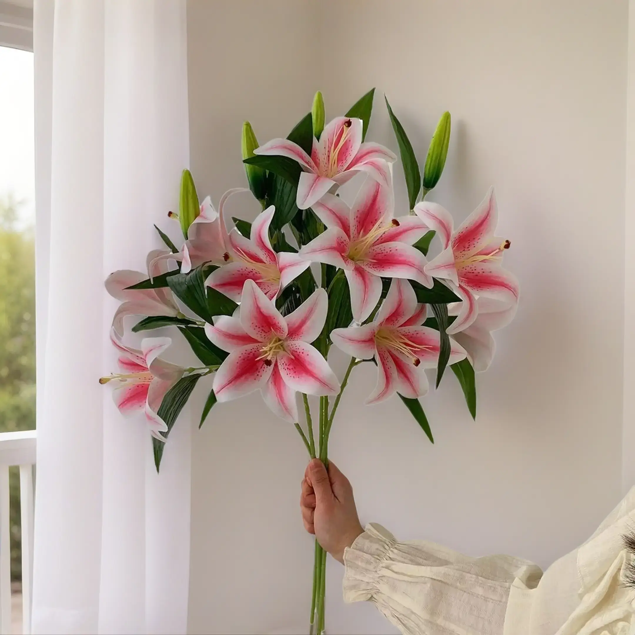 S.W.us Premium Decorative Flowers - 4/8-Pack 26" Tall Dual-Head Realistic Faux Lilies, Elegant Home Decor Table Ornaments for Living/Dining Room Centerpieces