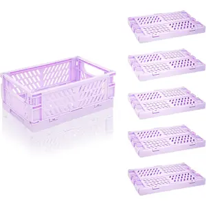 6 Pack Mini Foldable Small Plastic Storage Baskets Collapsible Crates Mini Bins for Home Kitchen Bedroom Bathroom Office Organization, Purple Small 6x4x2.2