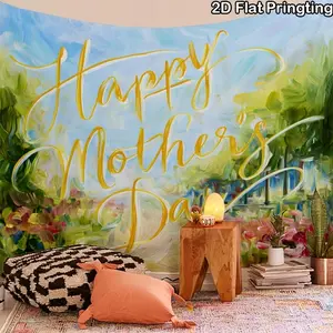 2D Flat, 2D Flat 1pc Hand-Painted Green Garden Background Tapestry with "Happy Mother's Day" Golden Handwritten Script Decoration. Features Fine, Clear Printing. Ideal as a Photo Backdrop or for Easy Folding and Storage. Suitable for Living Room