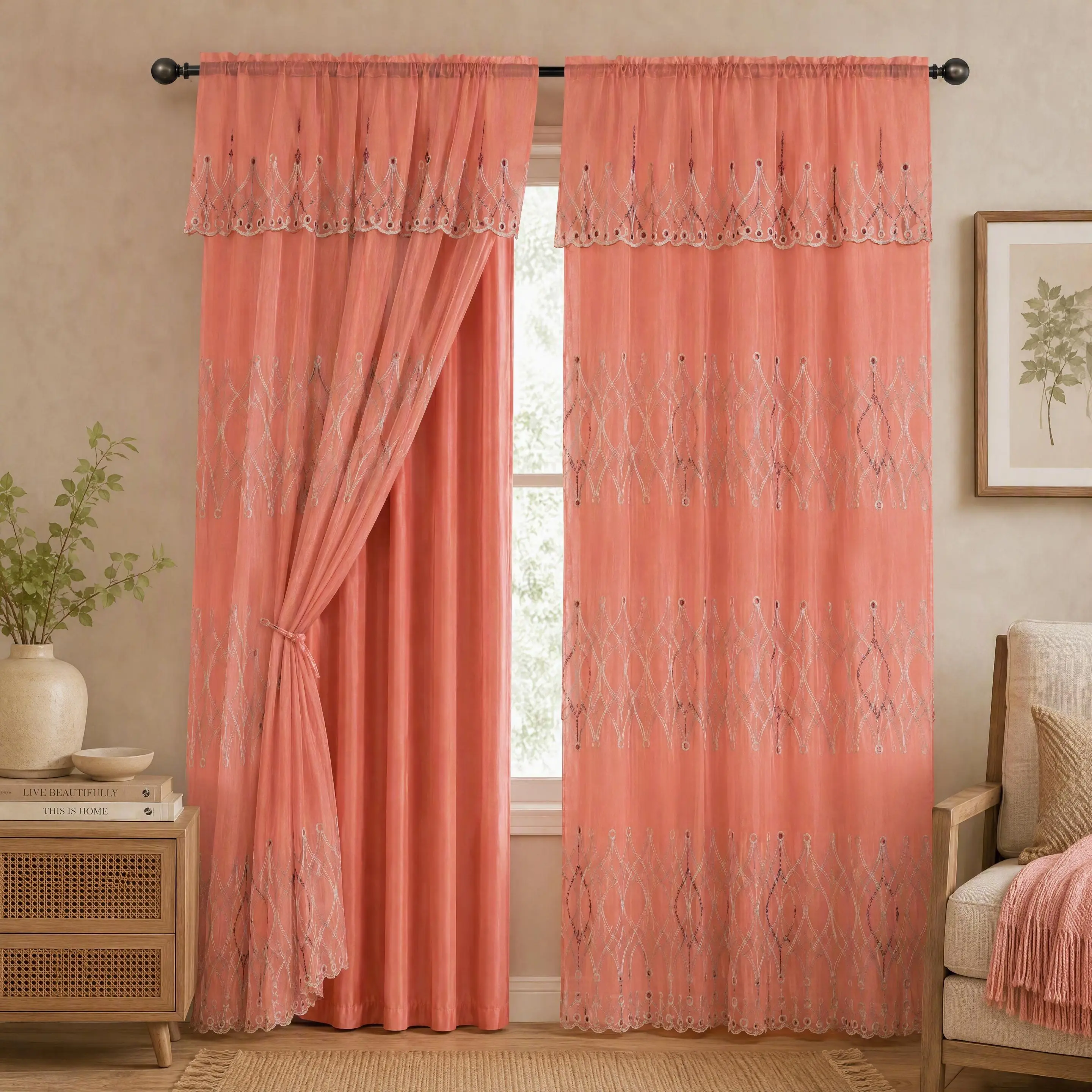 Embroidered Double Layer Curtains 2 Panels Set 52x84 Inch with Matching Valance 52x18, Luxury Vintage European Drapes with Satin Blackout Liner, Classic Rod Pocket Complete Window Treatment, Elegant Decor for Living Room Bedroom Farmhouse QF18