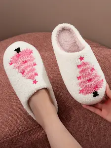Women's Christmas Embroidered Slippers, Soft Plush Indoor Outdoor Shoes, Warm Non-Slip Textile Footwear for Fall Winter Holidays Gift