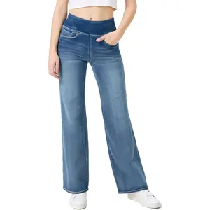 Women's High Waisted Wide Leg Stretchy Jeans with Real Front Pockets, Baggy Casual Denim Pants