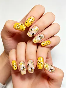 24Pcs Bee Floral Press On Nails Yellow Nude Medium Square False Nails Glossy Bee Flower Design Fake Nails For Women Daily Wear Spring Summer Reusable Stick On Nails