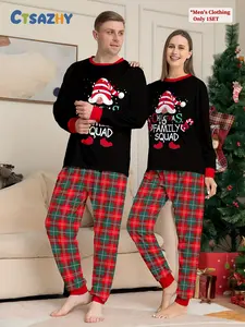Cross-border Christmas cake hat letter new plaid long-sleeved two-piece set homewear printed round neck men's trousers pajama set