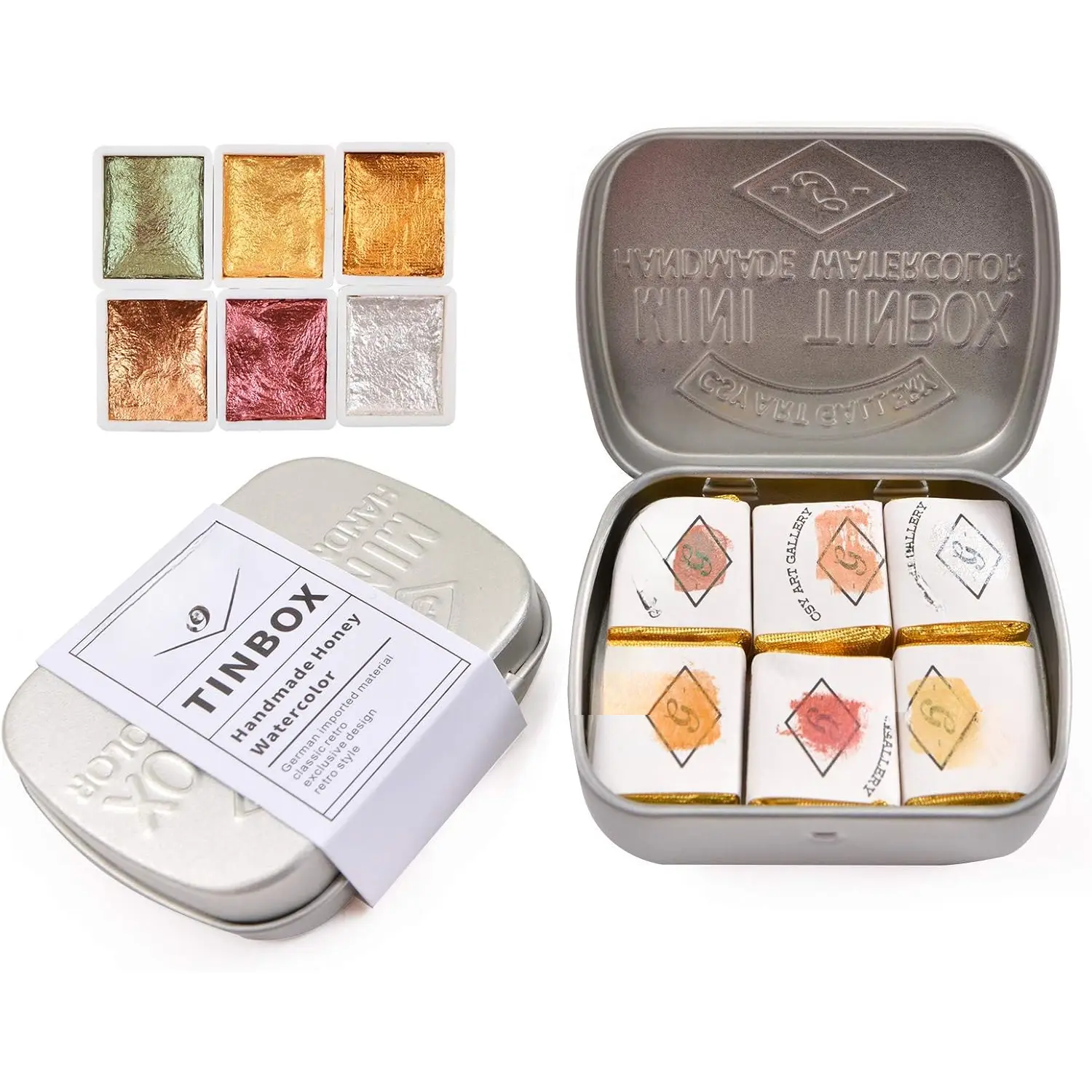 Supplies Handmade Watercolors  Set - 6 Metallic  Colors Half Pans Glitter Solid Water Color- Metal Case Sparkle Pearlescent Watercolour For ists, Students & Hobbyists