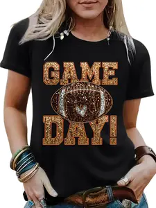 Women's Summer Casual Sporty Round Neck Short Sleeve T-Shirt, Football Print & Crystal Decor, Breathable Comfort Fit S-Xxl