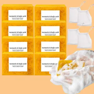 Lemon Turmeric & Kojic Acid Soap Bar, 8 Counts/set Summer Acne Face & Body Soap Bar for Men & Women, Turmeric Cleansing Soap, Daily Skincare Cleanser Sets with Soft Soap Saver Bags, Natural Soap, Turmeric Brightening Bar