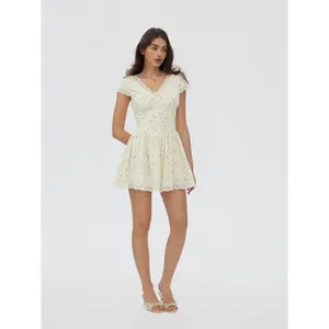 Cider 100% Cotton Textured Floral V-neck A-line Mini Dress