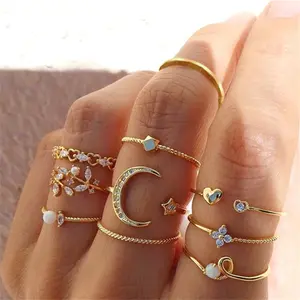 Women's Whimsical Vintage-Style Knuckle Rings Set - Star, Moon, Heart, Leaf, Geometric Designs