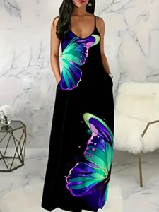 Summer New Women's Digital Print Butterfly Sexy V-Neck Long Dress, Strapless Formal Evening Gown, Elegant Chic Party Wear, Trendy Fashion Womenswear