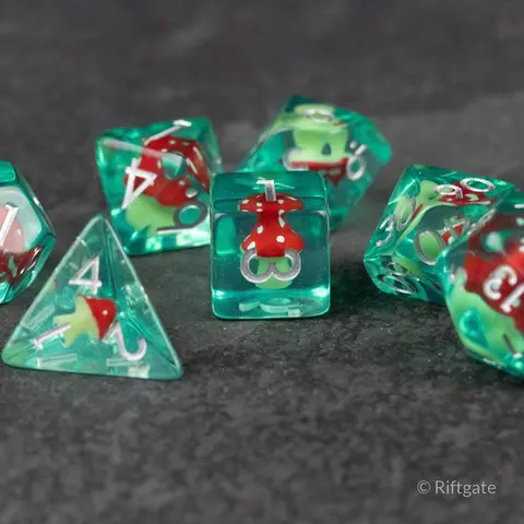 Red + Green Mushroom Inclusion DnD Dice Set - Dice for Dungeons and Dragons, D&D Dice, RPGs
