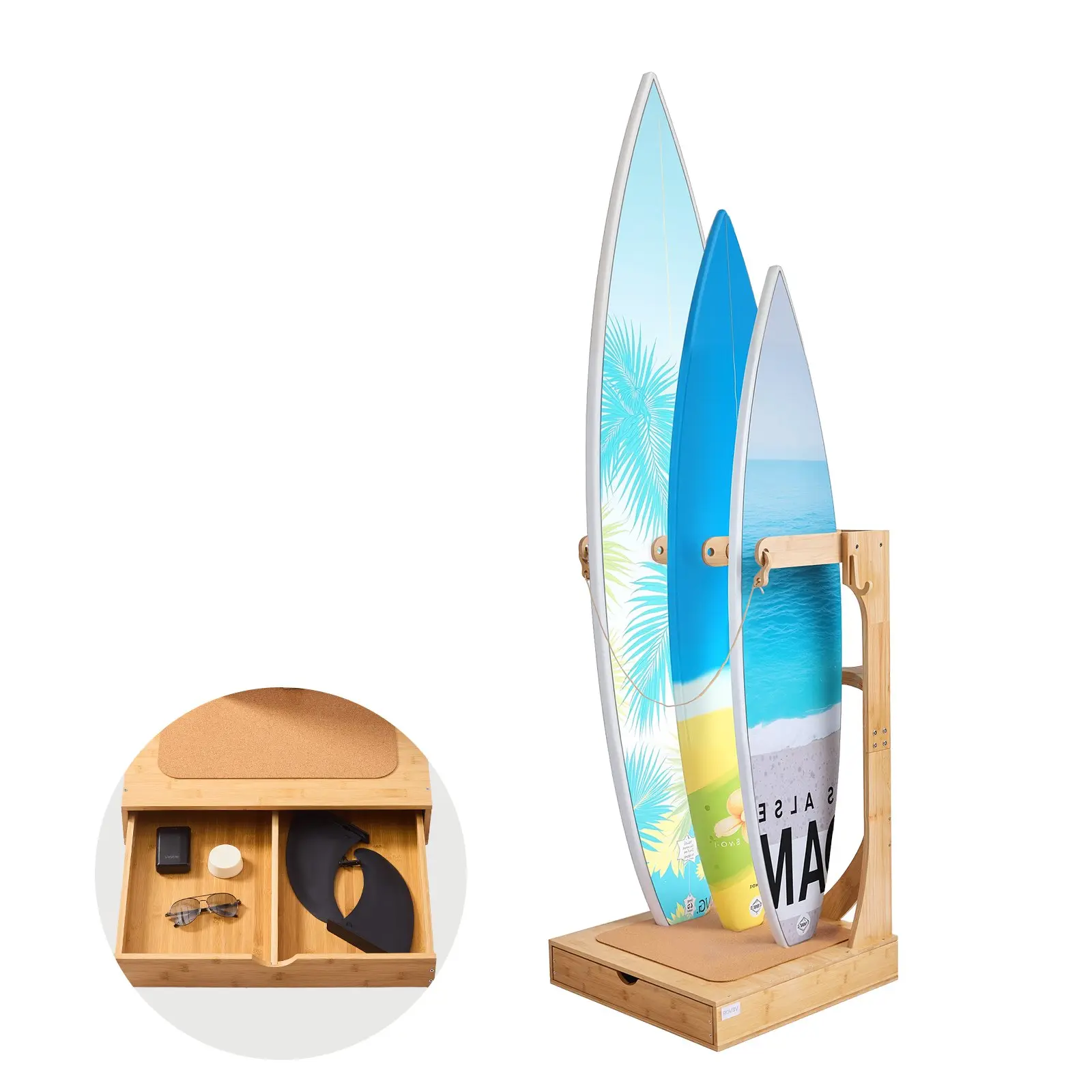 VEVOR Vertical Surfboard Rack, 3-Tier Wooden Vertical Board Storage Stand with Stable Structure, 6.3 In/ 160 Mm Cork Padding, Hanging Hooks & Anti-Drop Safety Strap for Wakeboards, Snowboards, Vertical Rack
