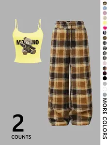 Women's 2-Piece Set Tank Top Sleeveless Graphic & Casual Pants, Fall Winter Fashion, Loose Fit, Outdoor Warm Breathable, Campus Style, Daily Commute, Womenswear