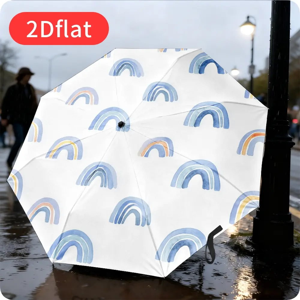 A watercolor-style rainbow folding umbrella – featuring an adorable, colorful rainbow design, lightweight and portable, suitable for all weather conditions, with a durable canopy made of sturdy plastic and metal.