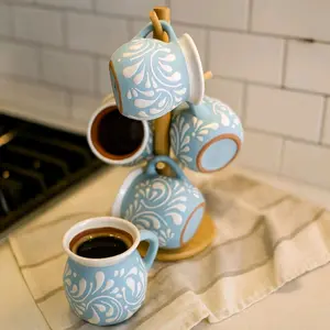 Handcrafted Talavera Mug (Set of 6) With Stand | Light Blue & White Color